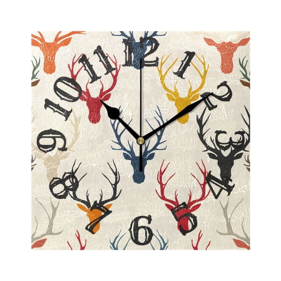 Print Antlers Deer Head Wall Clock Square Silent Non Ticking Battery Operated Clock for Home Bathroom Kitchen Bedroom Living Room