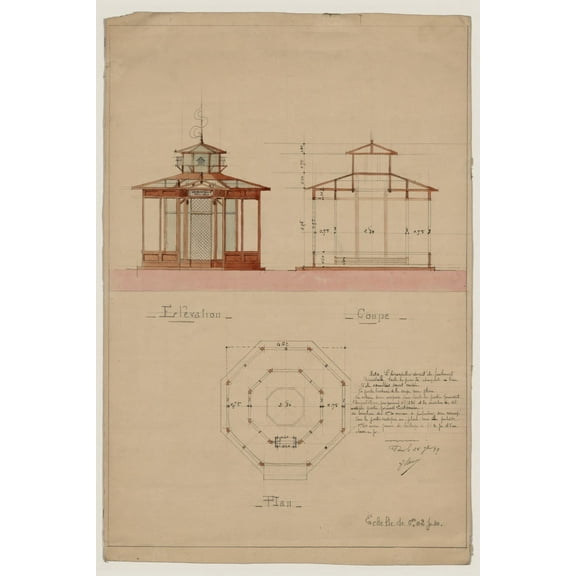 Print: Architectural Drawing Showing Elevation, Cross Section, And Plan