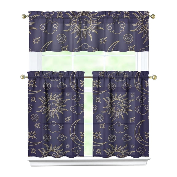 Print Astrology Kitchen Curtains Set Gothic Celestial Sun Moon Starry Night Cosmic Aesthetic Mystical Golden Witchy Spiritual Tier and Valance Rod Pocket Curtains for Nursery or Dining Room