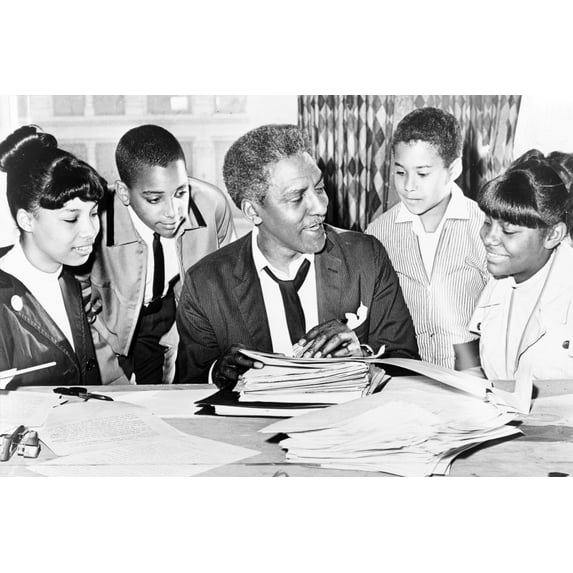 Print: Bayard Rustin (Center) Speaking With (Left To Right) Carolyn