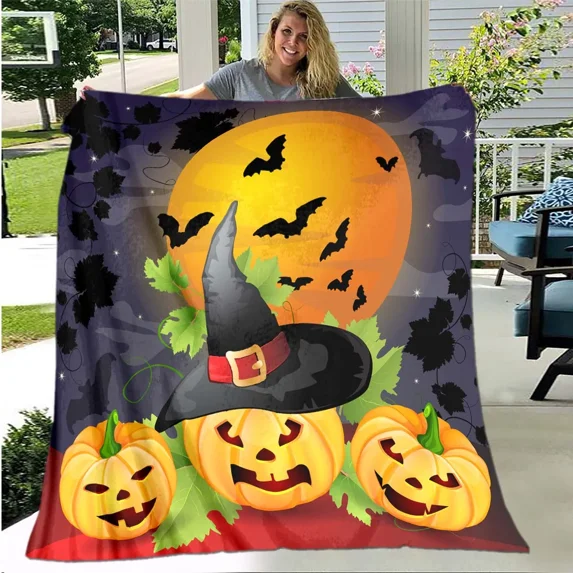 Print Blanket Sofa Bed Blanket Super Soft Warm Blanket Cover Halloween Ghosts Pumpkin Flannel Throw Blanket (3-MT-A1078,100x130CM)