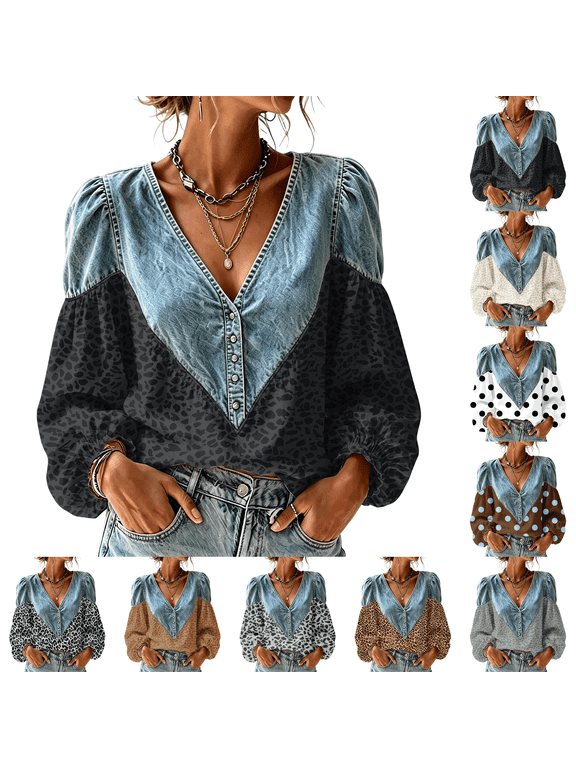 Print Blouse for Women Denim Button Down Deep V Neck Shirt Puff Sleeve Boho Tops Patchwork Jean Going Out Tops Travel Clothes