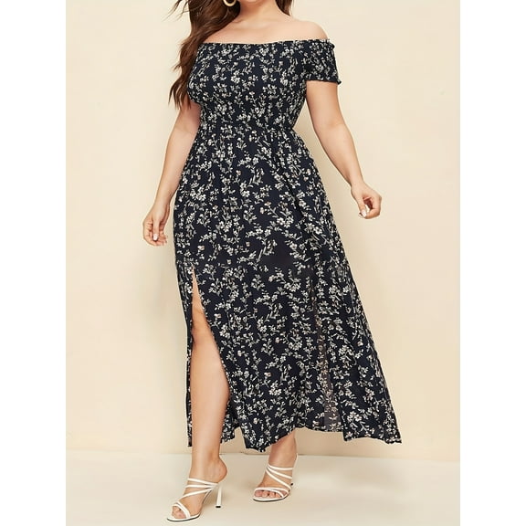 Print Bohemian Floral Midi Dress for Women - Off-the-Shoulder, Short Sleeve with Side Slit, Dark Blue with White Flowers, Perfect for Casual or Semi-Formal Occasions, Plus Size Elegant Dress