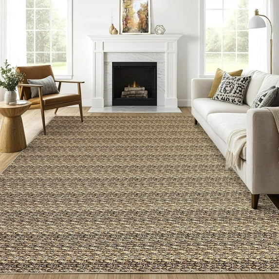 Print Braid Area Rugs 5' x 7' with Non-Slip Backing, Soft Low Pile Carpet for Living Room Bedroom(Brown)