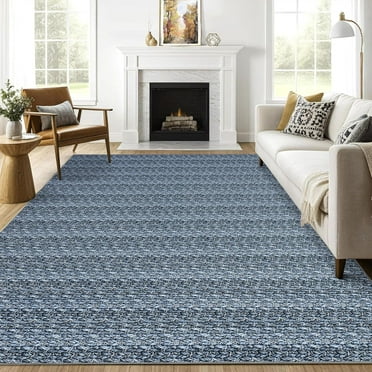Tzou Print Braided Area Rugs 8' x 10' with Non-Slip Backing, Soft Low Pile Carpet for Dining Room(Blue)