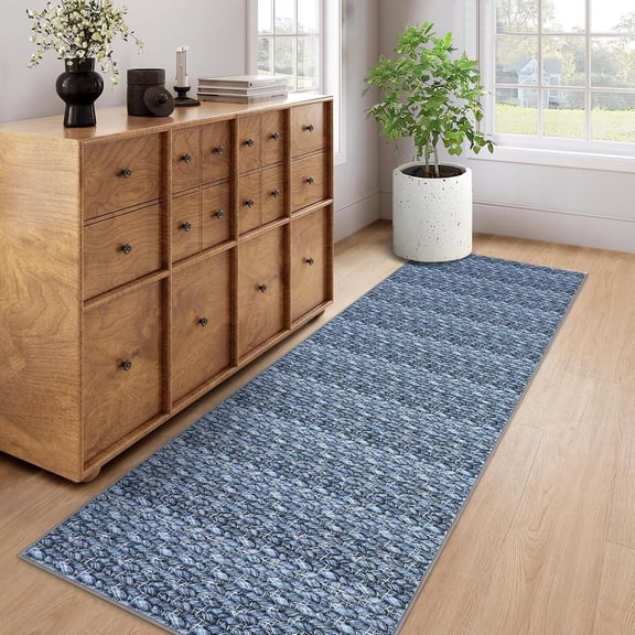 Print Braid Runner Rugs 2' x 6' with Non-Slip Backing, Soft Low Pile Carpet for Entryway Hallway Bedroom Living Room(Blue)