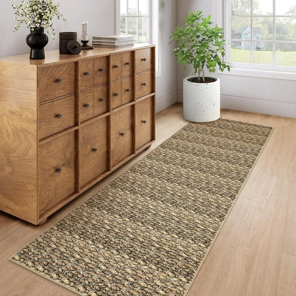 Tzou Print Braid Runner Rugs 2' x 6' with Non-Slip Backing, Soft Low Pile Carpet for Entryway Hallway Bedroom Living Room(Brown)