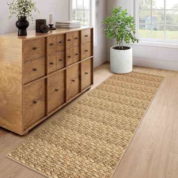 Print Braid Runner Rugs 2' x 6' with Non-Slip Backing, Soft Low Pile Carpet for Entryway Hallway Bedroom Living Room(Camel)