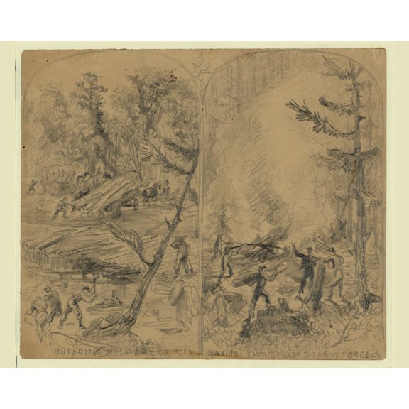 Print: Building Military Bridges. Making Charcoal For The Army Force