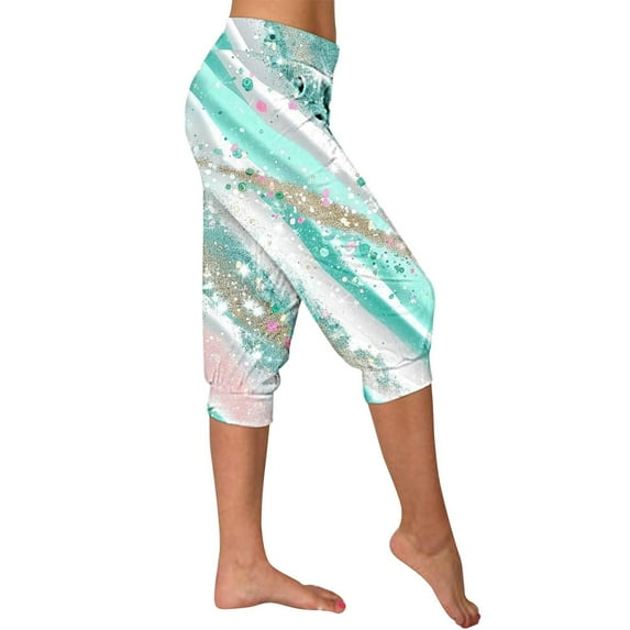 Print Capri Pants for Women Casual Elastic High Waist Capris Joggers with Pocket Pull on Summer Lounge Workout Trousers, Multicolor, XL
