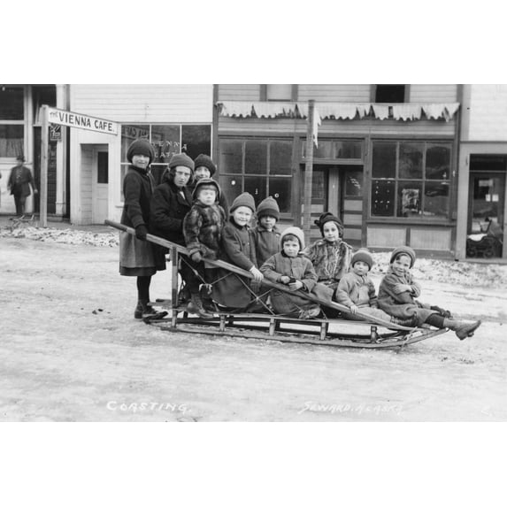 Print: Children On Sleigh, circa 1900