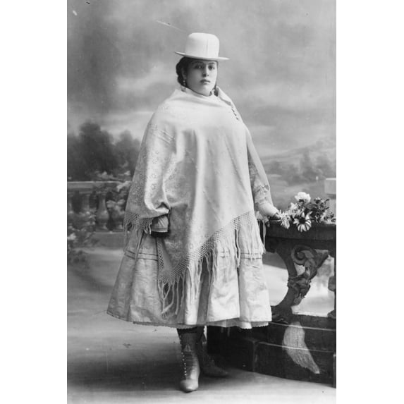 Print: Chola Woman, Full-Length Portrait, Standing, Facing Right, La Paz