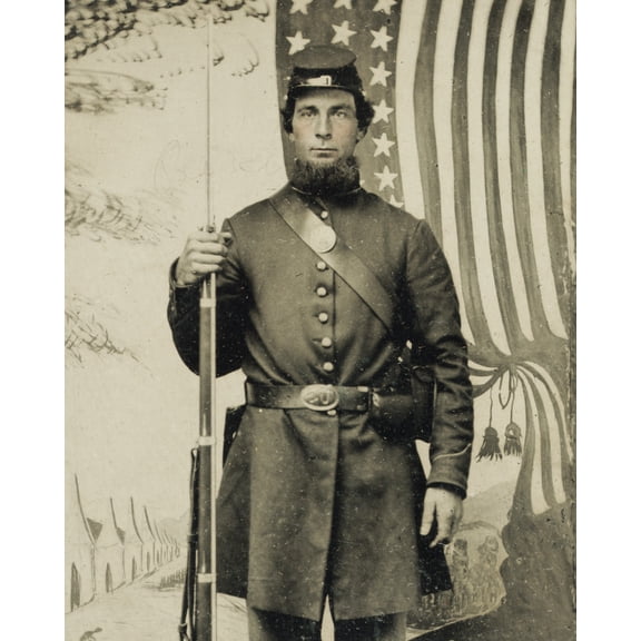 Print: Civil War Soldier, Union Uniform, Forage Cap, Bayoneted Musket