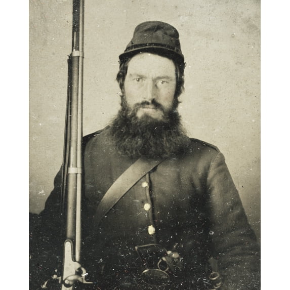 Print: Civil War Soldier, Union Uniform, Musket, Revolver, Bayonet