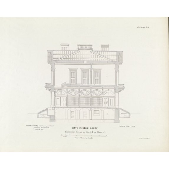 Print: Custom House And Post Office, Bath, Maine. Transverse Section On