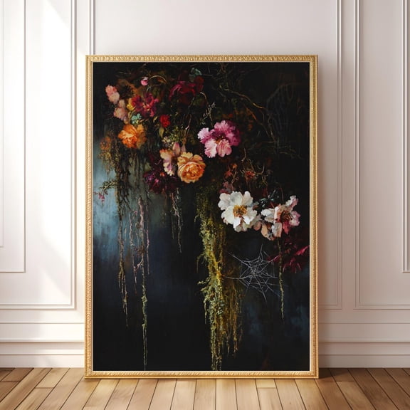 Print Dark Floral Painting Cobweb Art Moss Wall Art Victorian Flower Print Whimsigoth Decor Cottagecore Witchy Boho Moody Botanical Decor For Living Room Bedroom