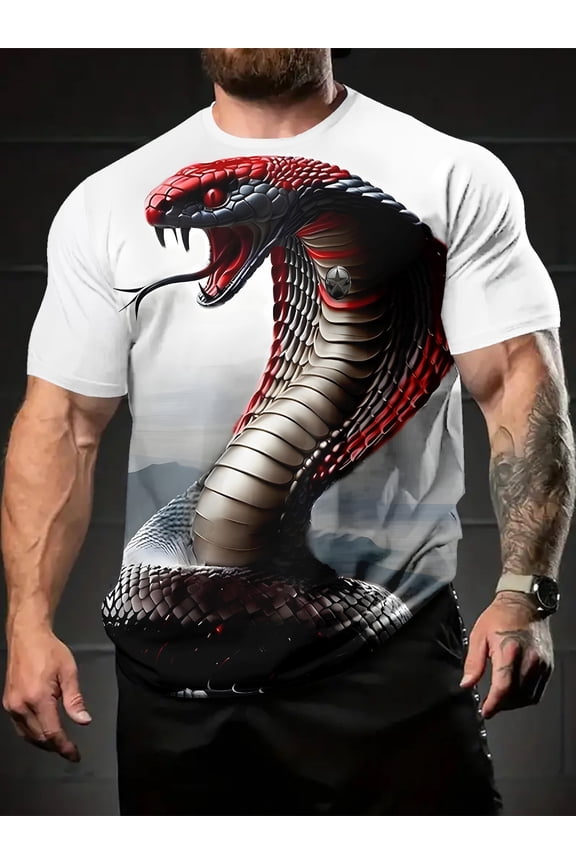 Print Design - No Texture Men's Summer Cobra Pattern T-Shirt - Bold Digital Printing, White Crew Neck T-Shirt with Red and Black Snake Design, Casual Comfort, Suitable for Casual Wear