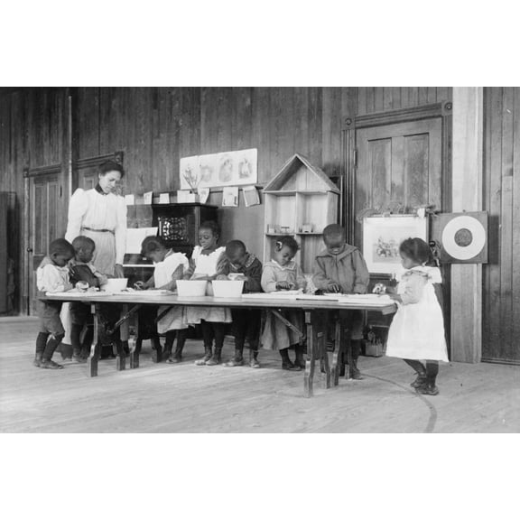 Print: Eight African American Children, In Kindergarten, Learning Washing