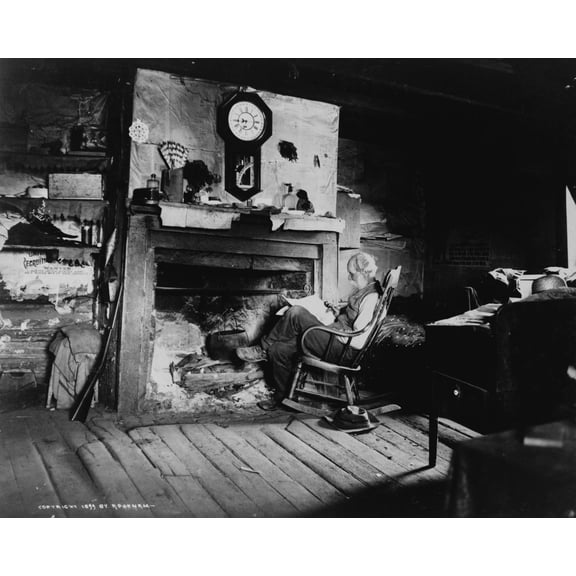 Print: Elderly Man, Seated In Front Of Fireplace, With Clock Above