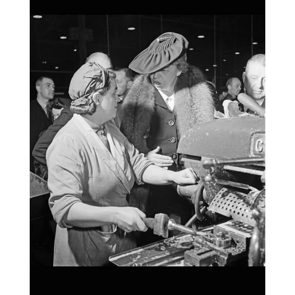 Print: Eleanor Roosevelt Talking With Woman Machinist During Her Goodwill