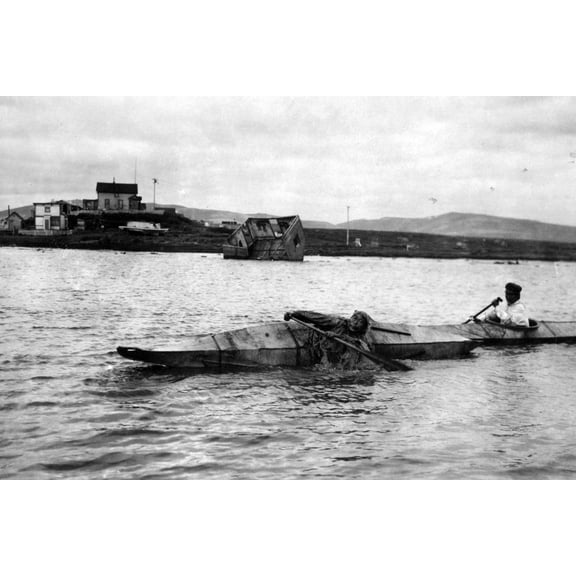 Print: Eskimos In Kayaks, circa 1900