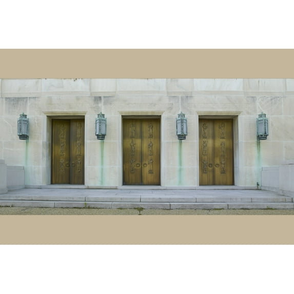 Print: Exterior View. Doors, East Entrance. Sculpted Bronze Figures By Lee