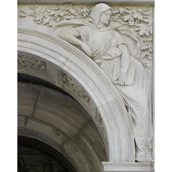 Print: Exterior View, Entrance Porch. Granite Sculpture With Female Figure