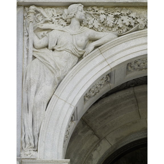 Print: Exterior View, Entrance Porch. Granite Sculpture With Female Figure