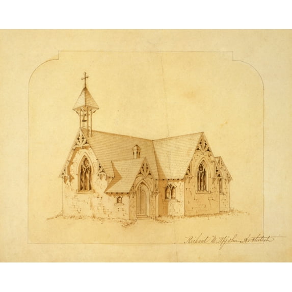 Print: Exterior View Of Stone Church With 'stick Style' Bell Tower, 1850