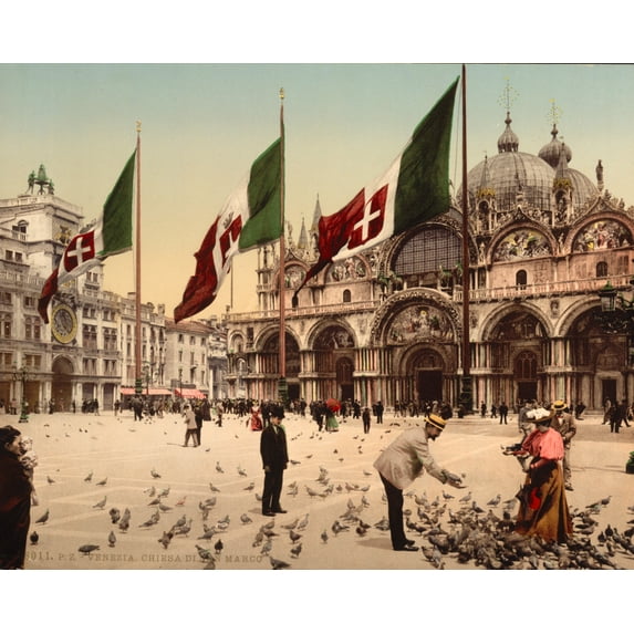 Print: Feeding Pigeons In St. Mark's Place, Venice, Italy, circa 1890