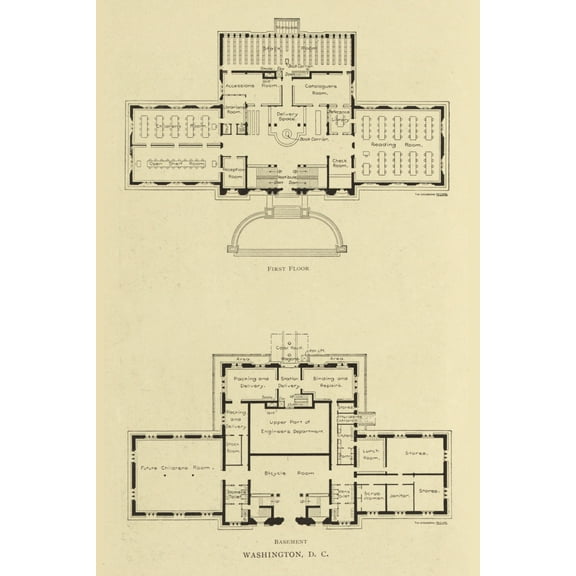 Print: First Floor And Basement Floor Plans For The Carnegie Library In