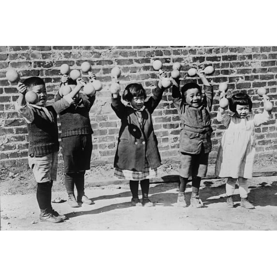 Print: Five Asian Children Holding Up Small Barbells, circa 1890-1940
