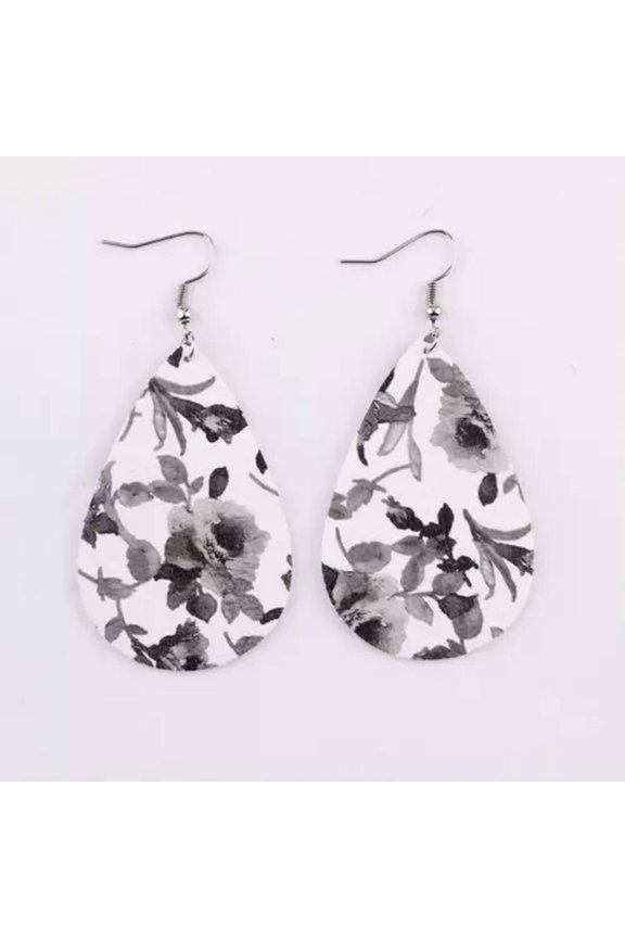 Print Flower Pattern Pu Leather Teardrop Earrings Waterdrop Jewelry Blowout
