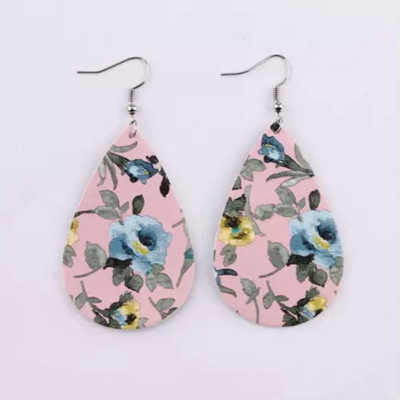 Print Flower Pattern Pu Leather Teardrop Earrings Waterdrop Jewelry Blowout
