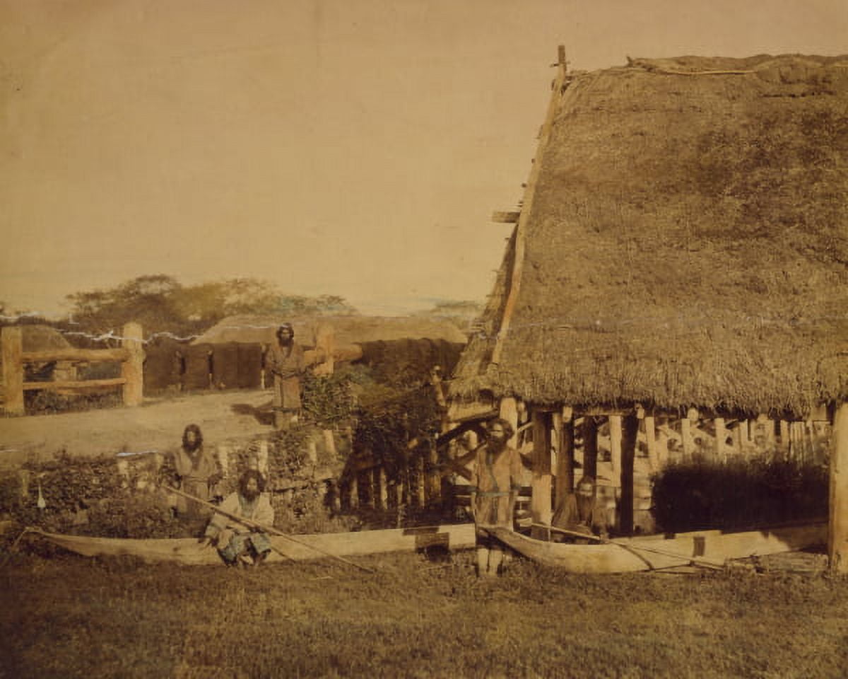 Print: Four Ainu Men With Two Boats, By Thatched Roof Building, On The ...