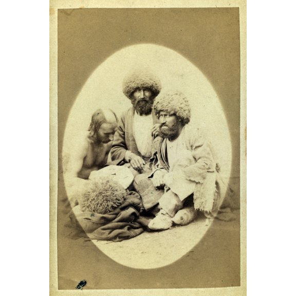 Print: Full-Length Portrait Of Three Men, Seated On Ground, Facing Front