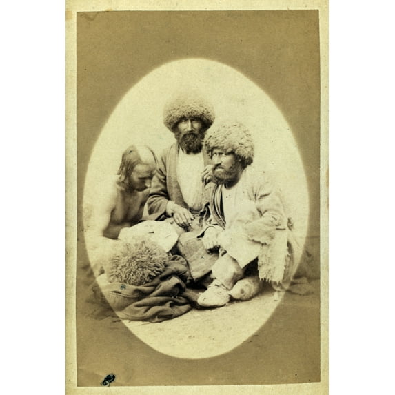 Print: Full-Length Portrait Of Three Men, Seated On Ground, Facing Front