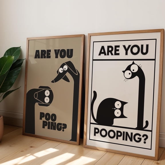 Print Funny Cat And Dog Poster For Bathroom 'Are You Pooping?' Toilet Decoration Set 2