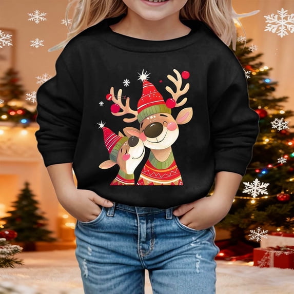 Print Girls Long Sleeve Crewneck Sweatshirt Cozy Pullover Top For Holiday Season