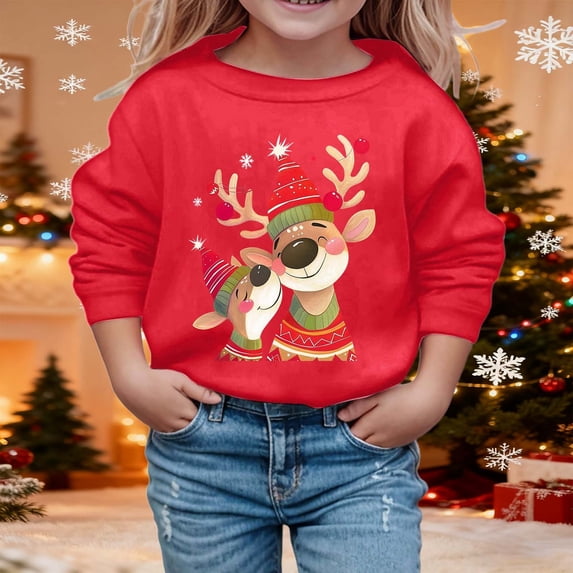 Print Girls Long Sleeve Crewneck Sweatshirt Cozy Pullover Top For Holiday Season