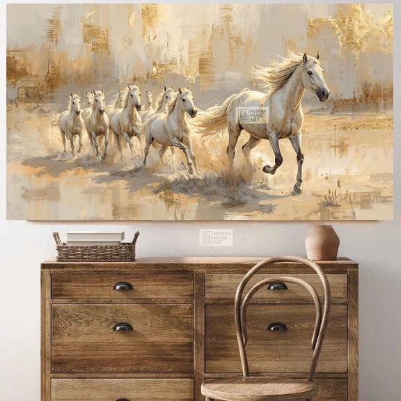 Print, Golden Galloping Horses - An abstract landscape painting depicting an elegant herd of white horses. 8x12 UNFRAMED.