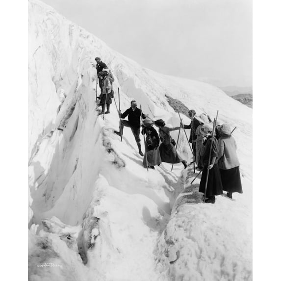 Print: Group Of Men And Women Climbing Paradise Glacier In Mt. Rainier