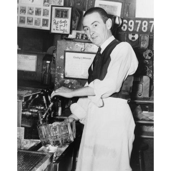 Print: Harry Kirivan Drawing Draft At Bar, 1954