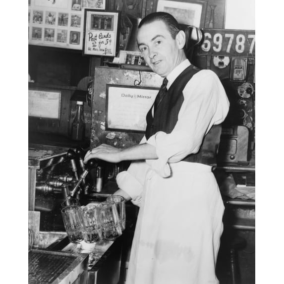 Print: Harry Kirivan Drawing Draft At Bar, 1954