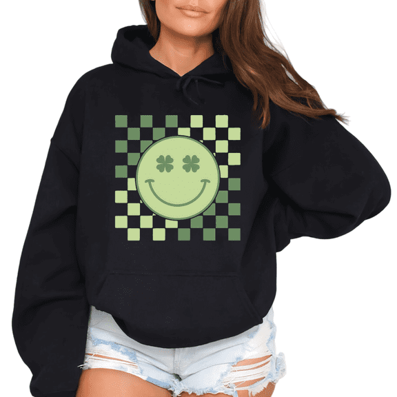 Print Hoodie Graphic Sweatshirt Green Checkerboard Smiley Four Leaf Clover St Patrick’s Day Shirts Graphic Tees Print T shirt Black Casual Tops S-2XL