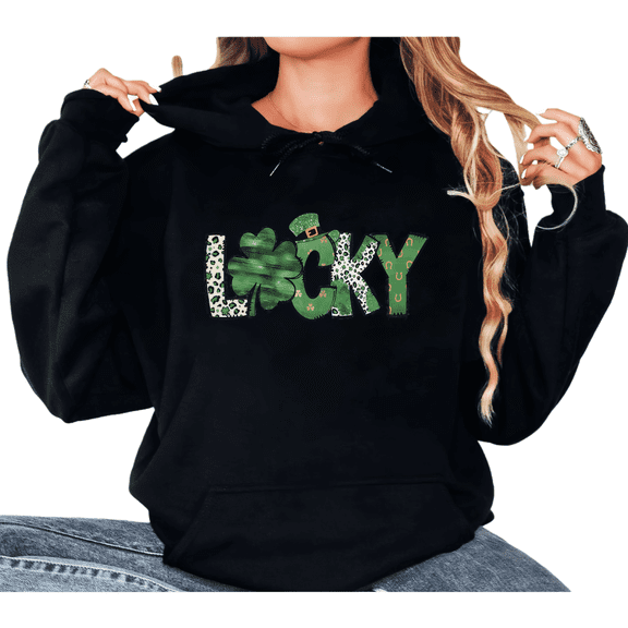 Print Hoodie Graphic Sweatshirt Green Lucky Four Leaf Clover Leopard Print St Patrick’s Day Shirts Graphic Tees Print T shirt Black Festive Tops S-2XL