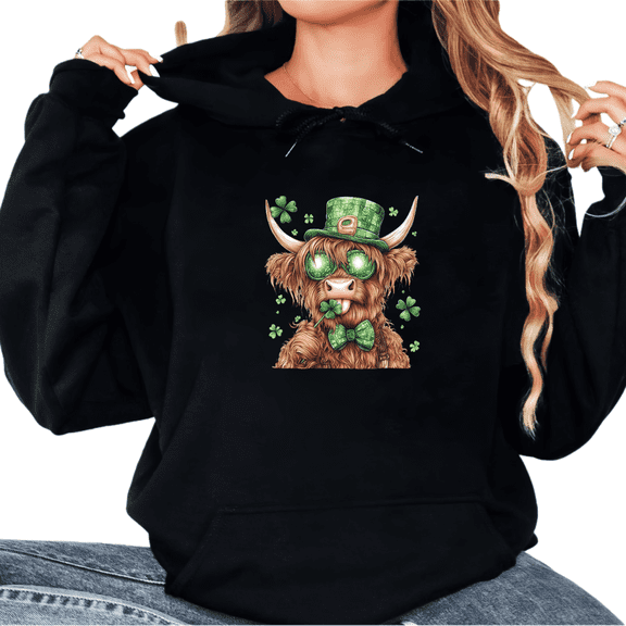 Print Hoodie Graphic Sweatshirt Leprechaun Hat Cow Four Leaf Clover St Patrick’s Day Shirts Graphic Tees Print T shirt Black Festive Tops S-2XL