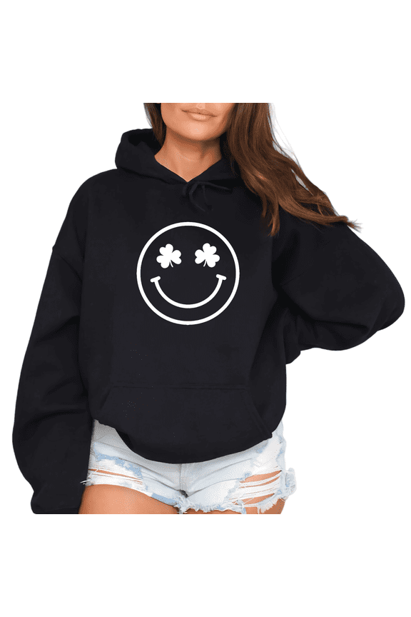 Print Hoodie Graphic Sweatshirt White Smiley Face Four Leaf Clover St Patrick’s Day Shirts Graphic Tees Print T shirt Black Casual Tops S-2XL