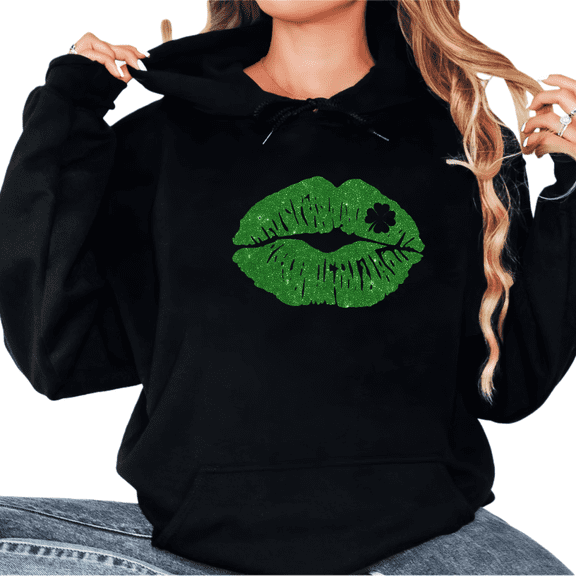 Print Hoodie Sweatshirt Graphic Sweatshirt St Patricks Day Glitter Green Lips Shamrock Black Print T shirt Graphic Tees Shirts Stylish Casual Tops S-2XL