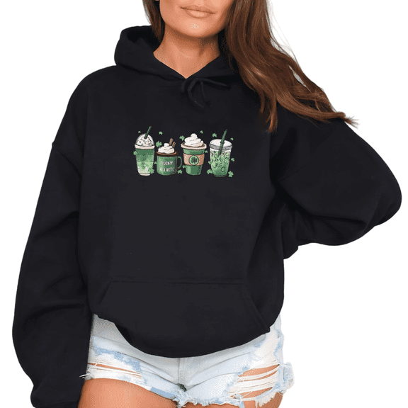 Print Hoodie Sweatshirt Graphic Sweatshirt St Patricks Day Green Coffee Drinks Shamrock Black Print T shirt Graphic Tees Shirts Casual Daily Tops S-2XL